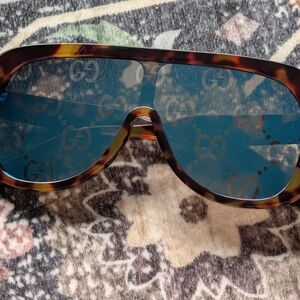 Gucci Tortoiseshell Shield Sunglasses with Blue Logo Lenses